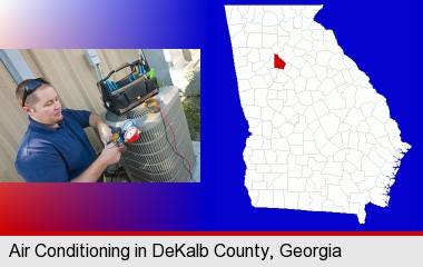 an HVAC contractor servicing an air conditioner; DeKalb County highlighted in red on a map