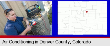 an HVAC contractor servicing an air conditioner; Denver County highlighted in red on a map