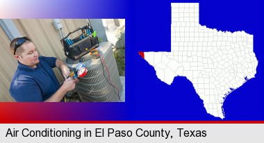 an HVAC contractor servicing an air conditioner; El Paso County highlighted in red on a map
