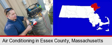 an HVAC contractor servicing an air conditioner; Essex County highlighted in red on a map