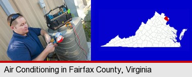 an HVAC contractor servicing an air conditioner; Fairfax County highlighted in red on a map
