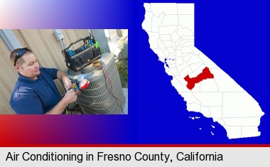 an HVAC contractor servicing an air conditioner; Fresno County highlighted in red on a map