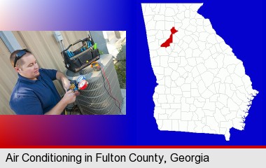 an HVAC contractor servicing an air conditioner; Fulton County highlighted in red on a map
