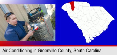 an HVAC contractor servicing an air conditioner; Greenville County highlighted in red on a map