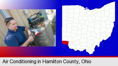 an HVAC contractor servicing an air conditioner; Hamilton County highlighted in red on a map