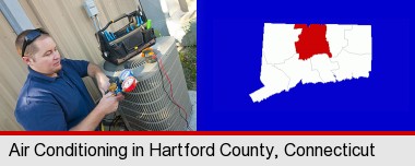 an HVAC contractor servicing an air conditioner; Hartford County highlighted in red on a map