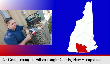 an HVAC contractor servicing an air conditioner; Hillsborough County highlighted in red on a map