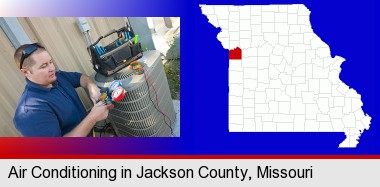 an HVAC contractor servicing an air conditioner; Jackson County highlighted in red on a map