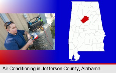 an HVAC contractor servicing an air conditioner; Jefferson County highlighted in red on a map