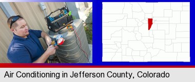 an HVAC contractor servicing an air conditioner; Jefferson County highlighted in red on a map