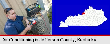 an HVAC contractor servicing an air conditioner; Jefferson County highlighted in red on a map