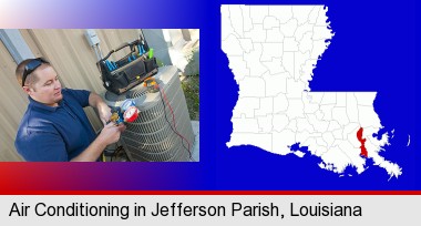 an HVAC contractor servicing an air conditioner; Jefferson Parish highlighted in red on a map