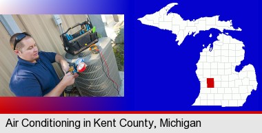 an HVAC contractor servicing an air conditioner; Kent County highlighted in red on a map