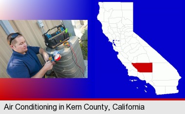 an HVAC contractor servicing an air conditioner; Kern County highlighted in red on a map