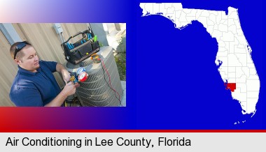an HVAC contractor servicing an air conditioner; Lee County highlighted in red on a map