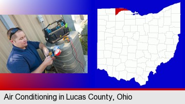an HVAC contractor servicing an air conditioner; Lucas County highlighted in red on a map