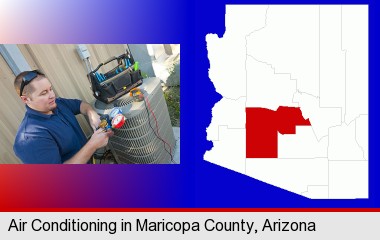 an HVAC contractor servicing an air conditioner; Maricopa County highlighted in red on a map