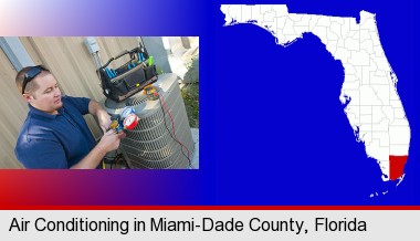 an HVAC contractor servicing an air conditioner; Miami-Dade County highlighted in red on a map