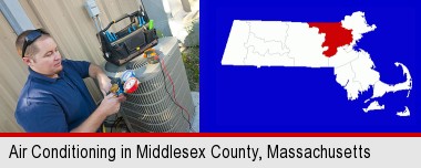 an HVAC contractor servicing an air conditioner; Middlesex County highlighted in red on a map