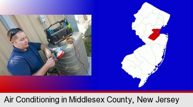 an HVAC contractor servicing an air conditioner; Middlesex County highlighted in red on a map