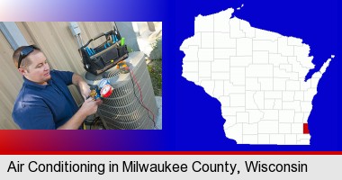 an HVAC contractor servicing an air conditioner; Milwaukee County highlighted in red on a map