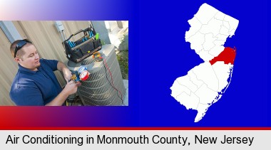 an HVAC contractor servicing an air conditioner; Monmouth County highlighted in red on a map