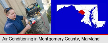 an HVAC contractor servicing an air conditioner; Montgomery County highlighted in red on a map