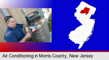 an HVAC contractor servicing an air conditioner; Morris County highlighted in red on a map