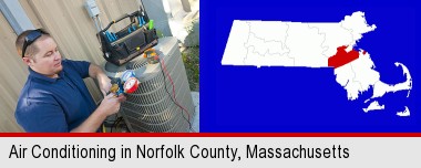 an HVAC contractor servicing an air conditioner; Norfolk County highlighted in red on a map
