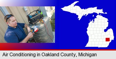 an HVAC contractor servicing an air conditioner; Oakland County highlighted in red on a map