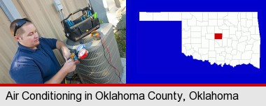an HVAC contractor servicing an air conditioner; Oklahoma County highlighted in red on a map