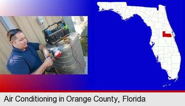 an HVAC contractor servicing an air conditioner; Orange County highlighted in red on a map
