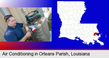 an HVAC contractor servicing an air conditioner; Orleans Parish highlighted in red on a map