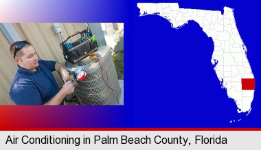 an HVAC contractor servicing an air conditioner; Palm Beach County highlighted in red on a map