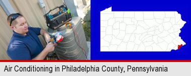 an HVAC contractor servicing an air conditioner; Philadelphia County highlighted in red on a map