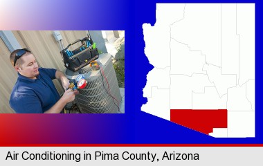 an HVAC contractor servicing an air conditioner; Pima County highlighted in red on a map