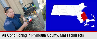 an HVAC contractor servicing an air conditioner; Plymouth County highlighted in red on a map