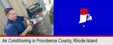 an HVAC contractor servicing an air conditioner; Providence County highlighted in red on a map