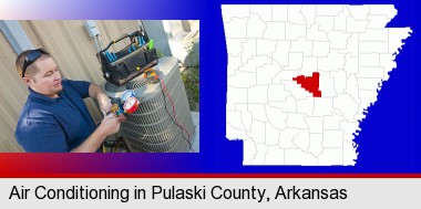 an HVAC contractor servicing an air conditioner; Pulaski County highlighted in red on a map