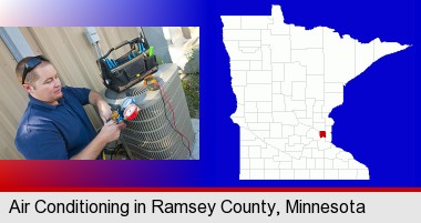 an HVAC contractor servicing an air conditioner; Ramsey County highlighted in red on a map