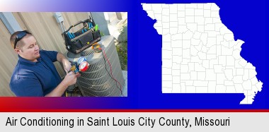 an HVAC contractor servicing an air conditioner; St Louis City highlighted in red on a map