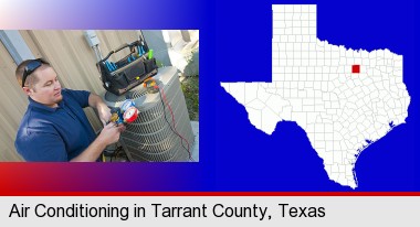 an HVAC contractor servicing an air conditioner; Tarrant County highlighted in red on a map