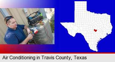 an HVAC contractor servicing an air conditioner; Travis County highlighted in red on a map