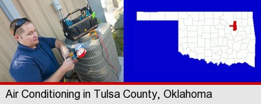 an HVAC contractor servicing an air conditioner; Tulsa County highlighted in red on a map