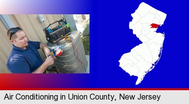 an HVAC contractor servicing an air conditioner; Union County highlighted in red on a map
