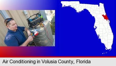 an HVAC contractor servicing an air conditioner; Volusia County highlighted in red on a map