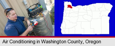 an HVAC contractor servicing an air conditioner; Washington County highlighted in red on a map