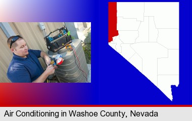 an HVAC contractor servicing an air conditioner; Washoe County highlighted in red on a map