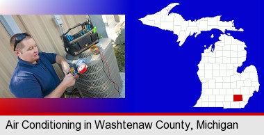 an HVAC contractor servicing an air conditioner; Washtenaw County highlighted in red on a map
