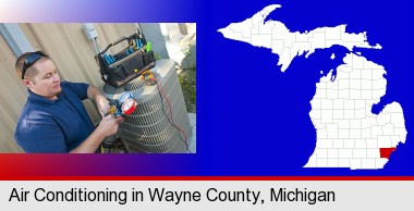 an HVAC contractor servicing an air conditioner; Wayne County highlighted in red on a map